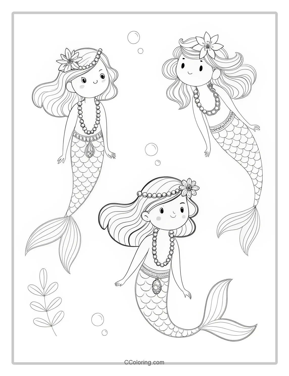 Mermaid Coloring Pages with Pearl Necklaces