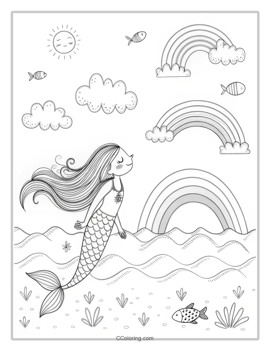 Mermaid Coloring Pages with Rainbows