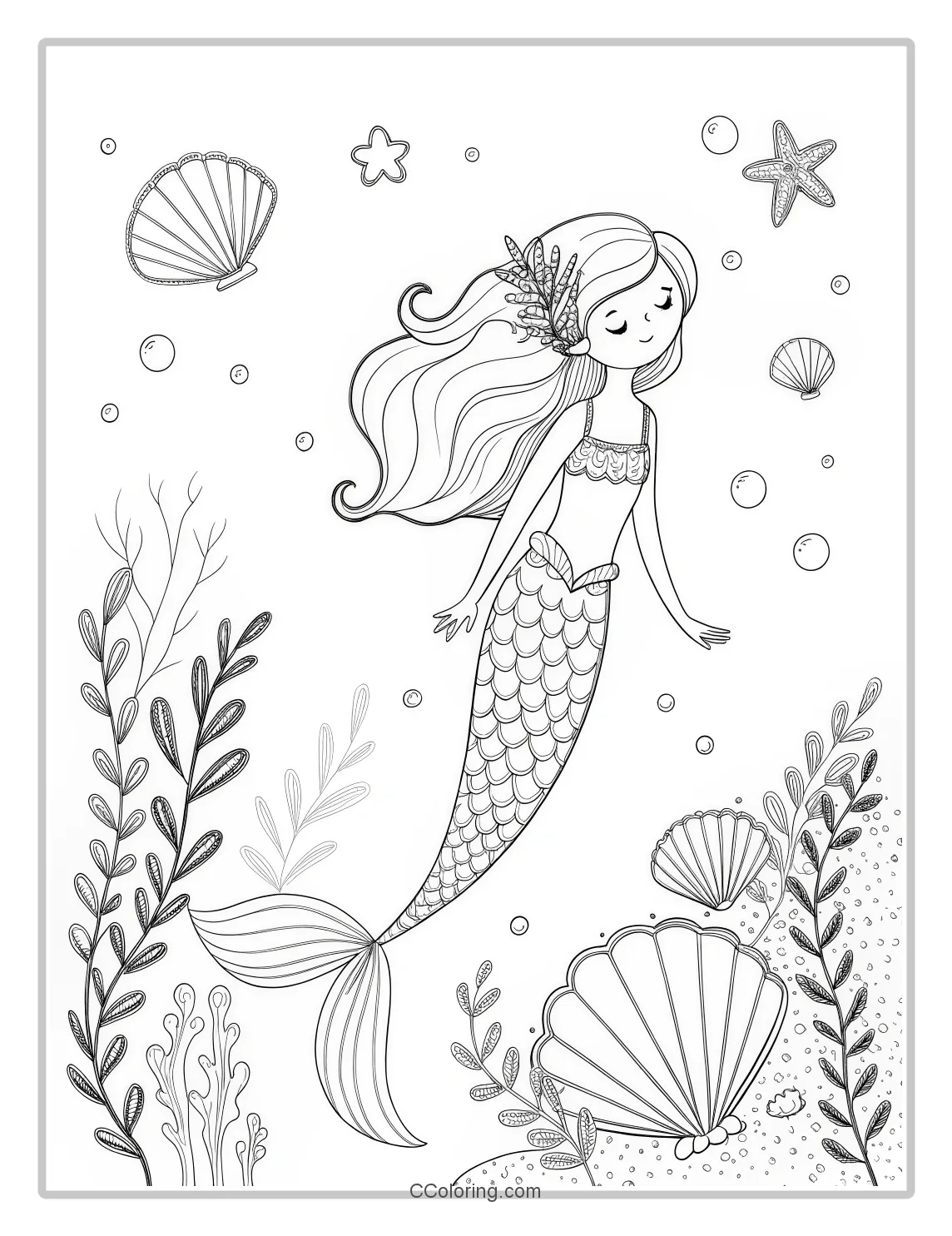 Mermaid Coloring Pages with Seashells
