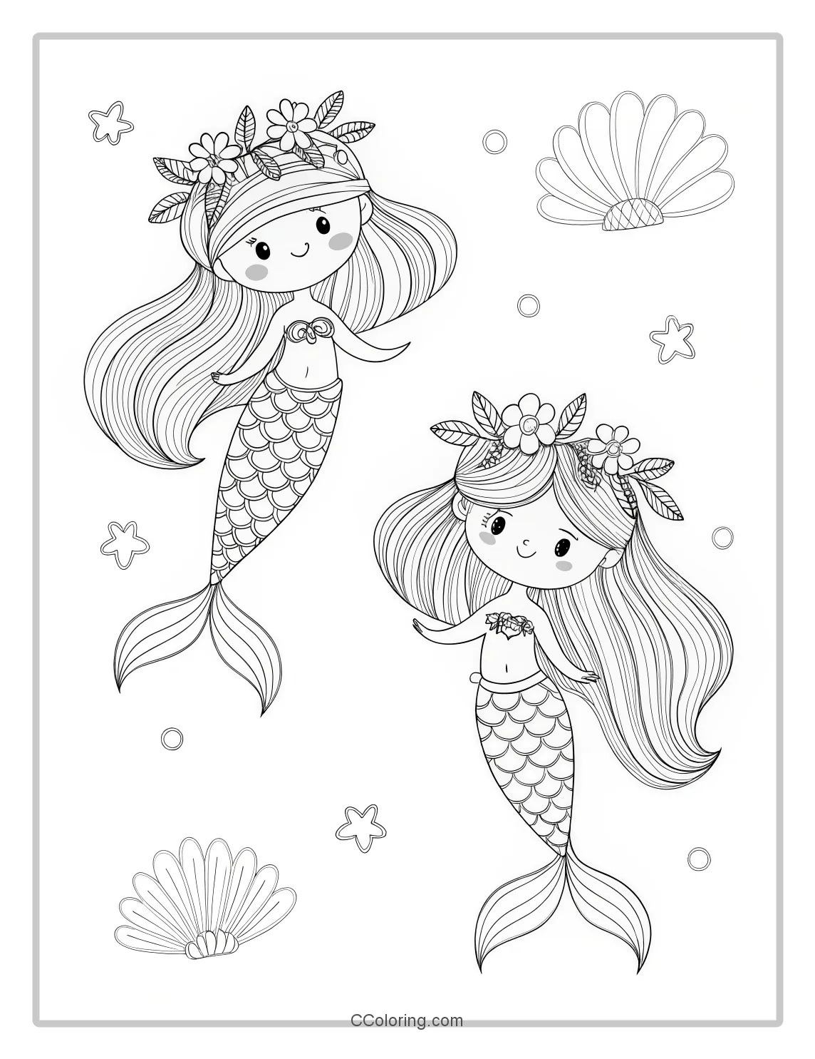 Mermaid Coloring Pages with Shell Crowns