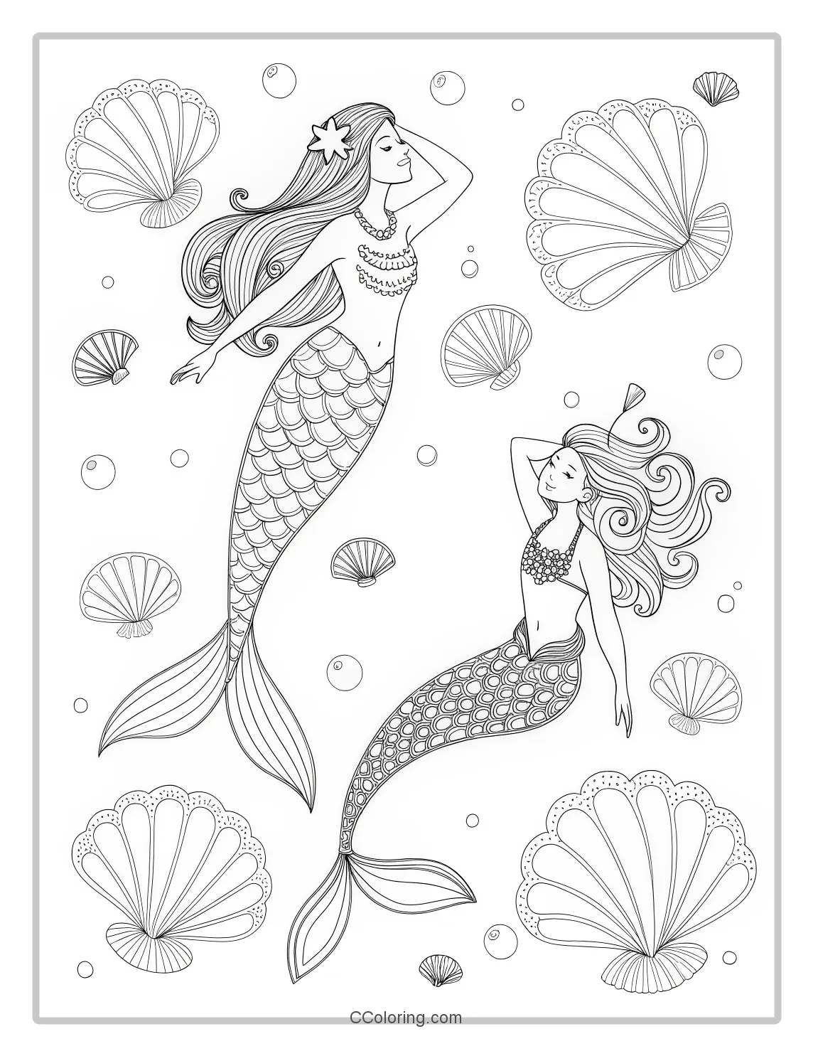Mermaid Coloring Pages with Shell Mosaics