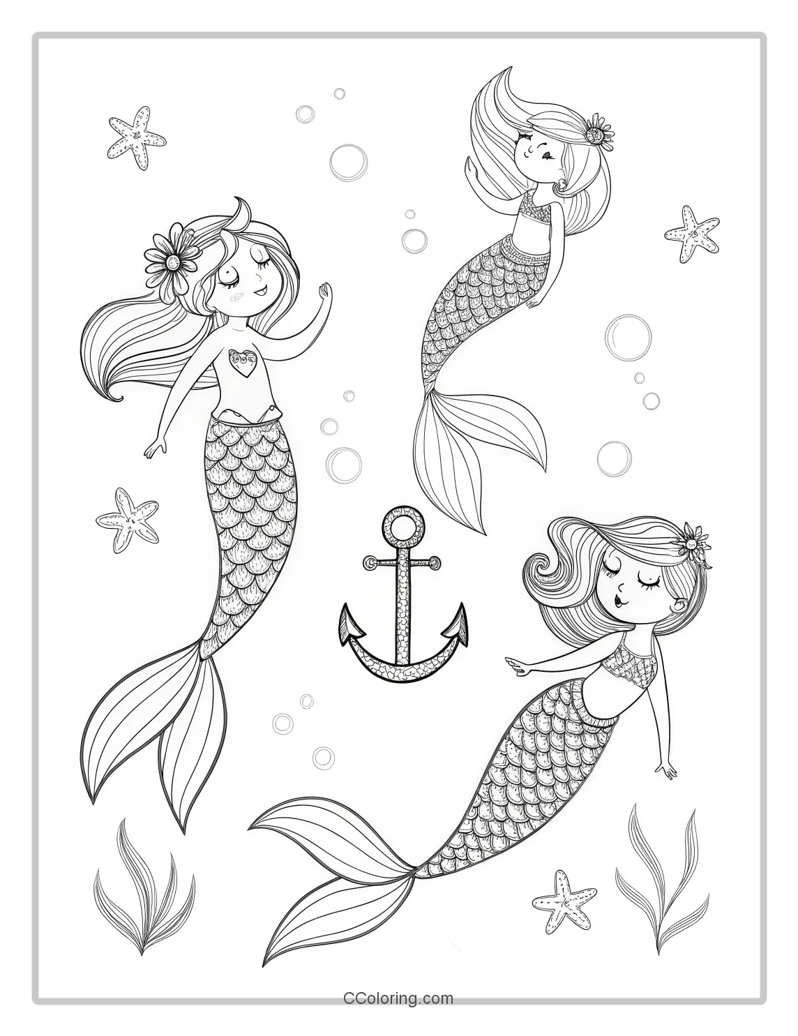 Mermaid Coloring Pages with Simple Anchor Designs