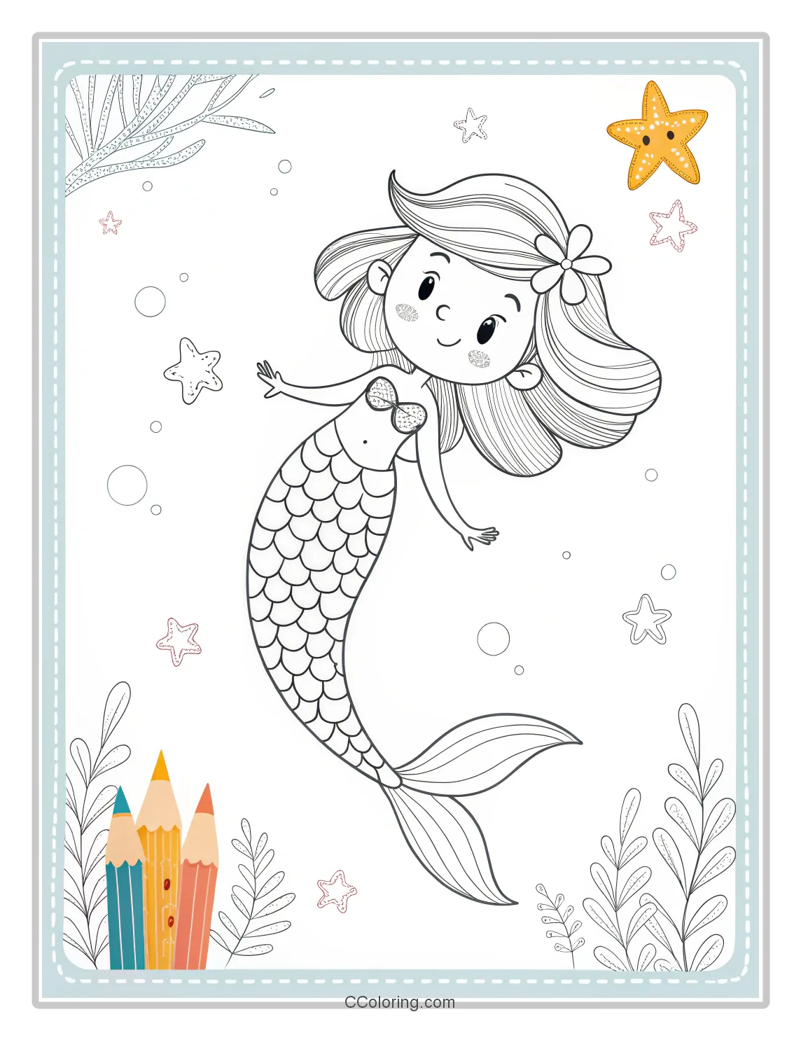 Mermaid Coloring Pages with Simple Scales