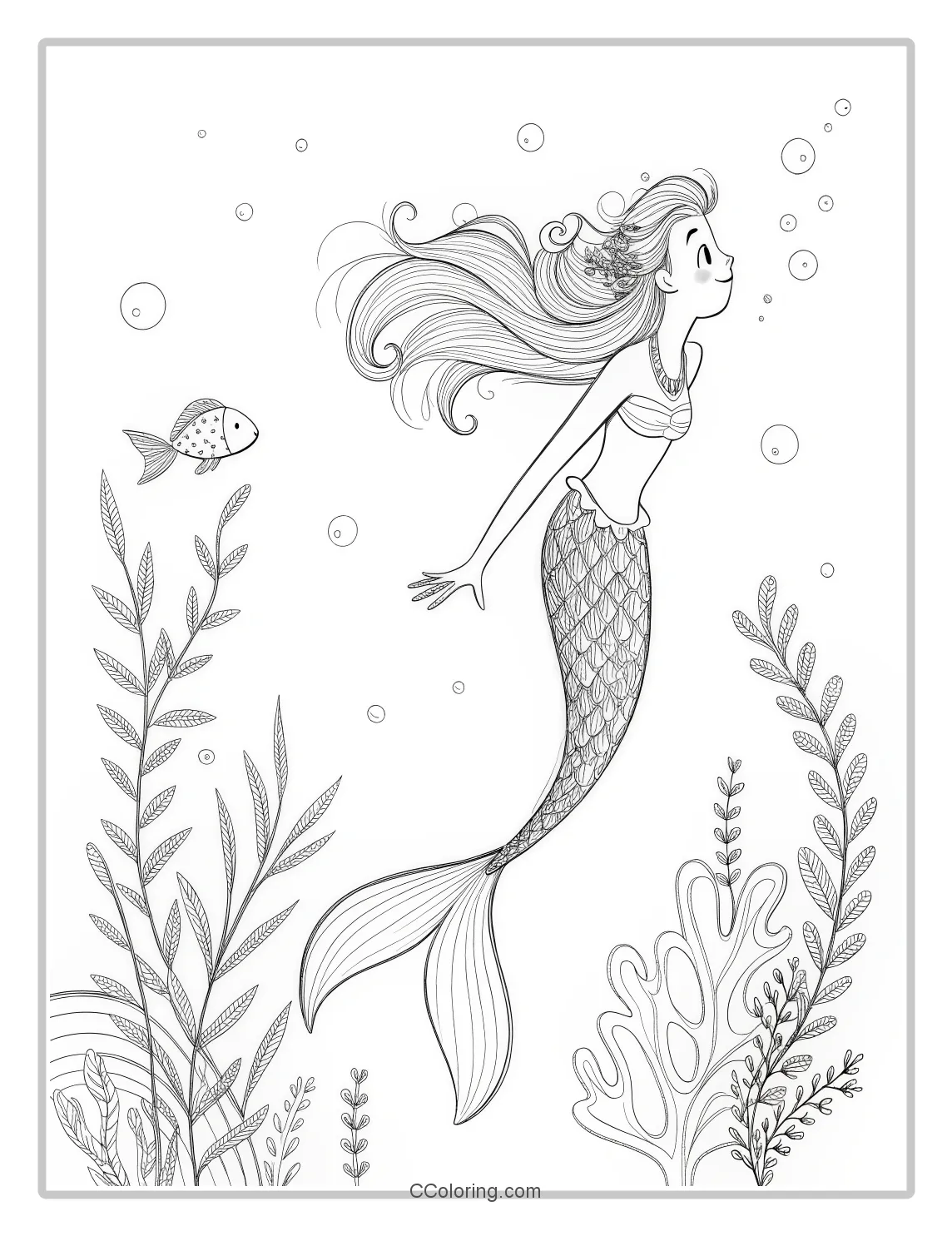 Mermaid Coloring Pages with Simple Seaweed