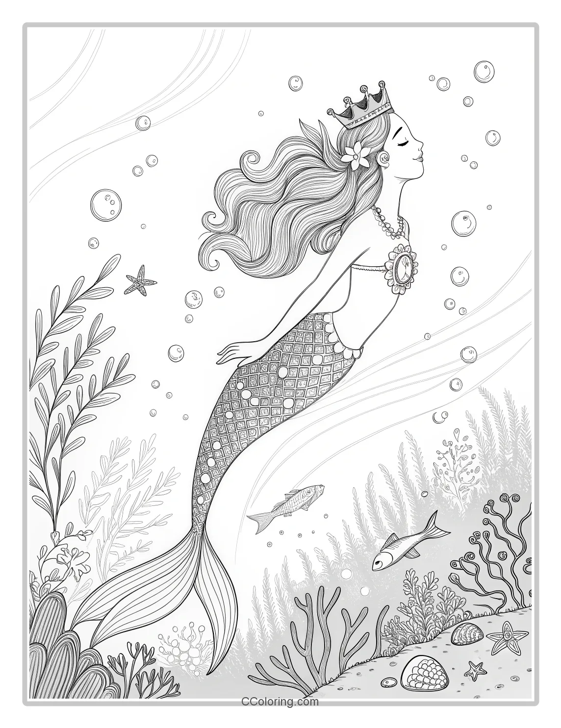 Mermaid Coloring Pages with Sparkling Pearls and Oceanic Crowns