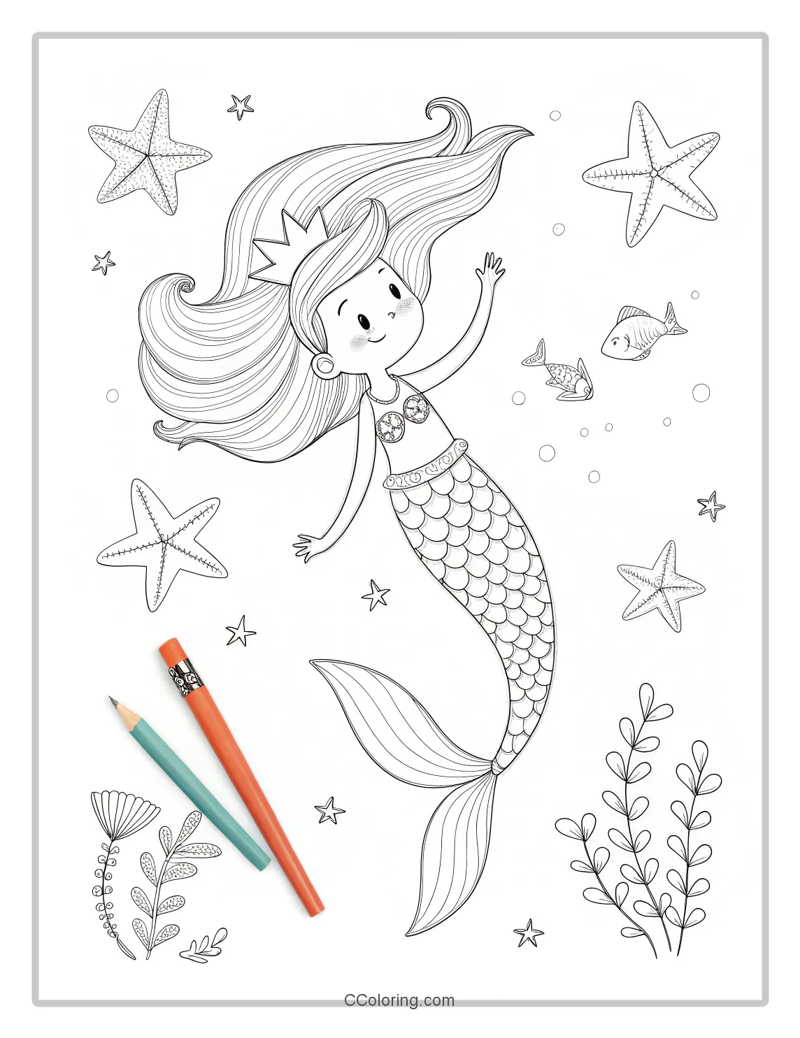 Mermaid Coloring Pages with Star Patterns