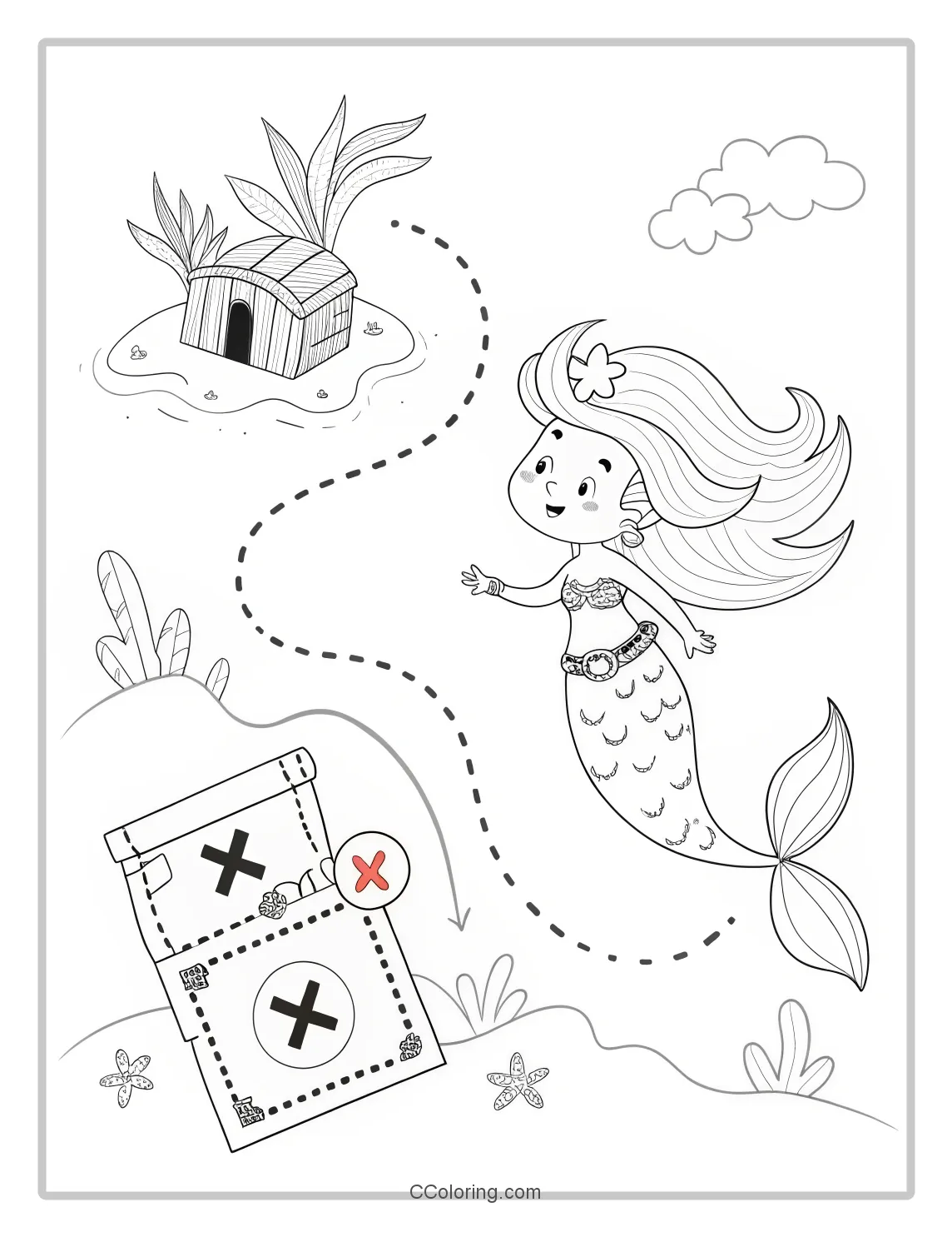 Mermaid Coloring Pages with Treasure Maps