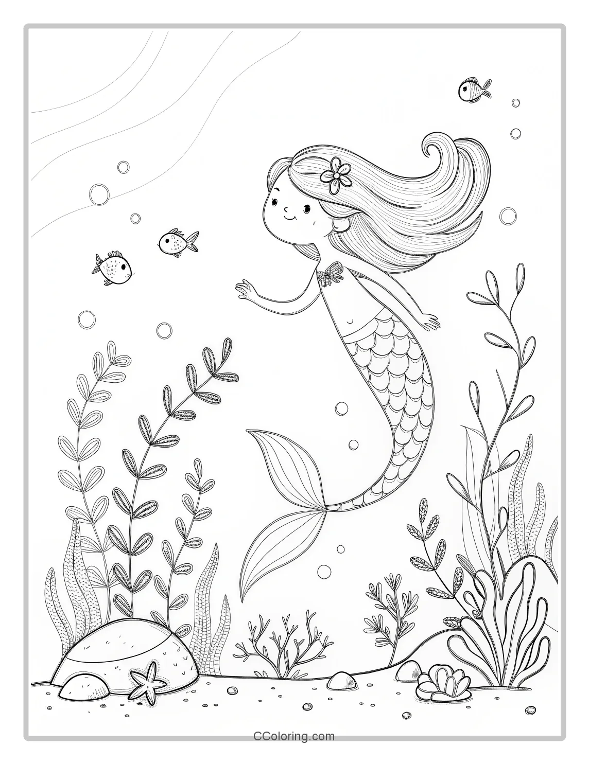 Mermaid Coloring Pages with Water Plants