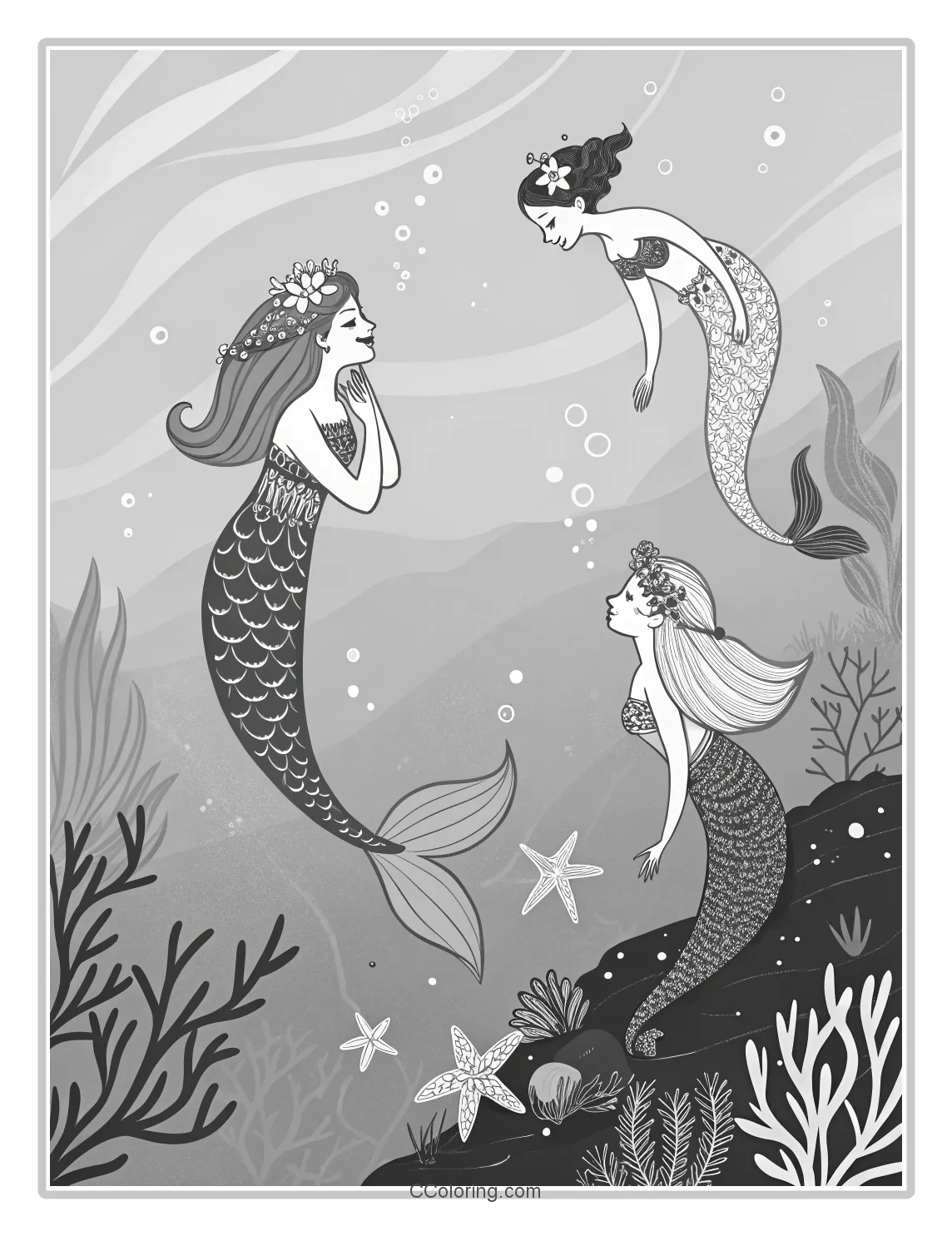 Monochromatic Mermaid Scenes with Seashells and Starfish