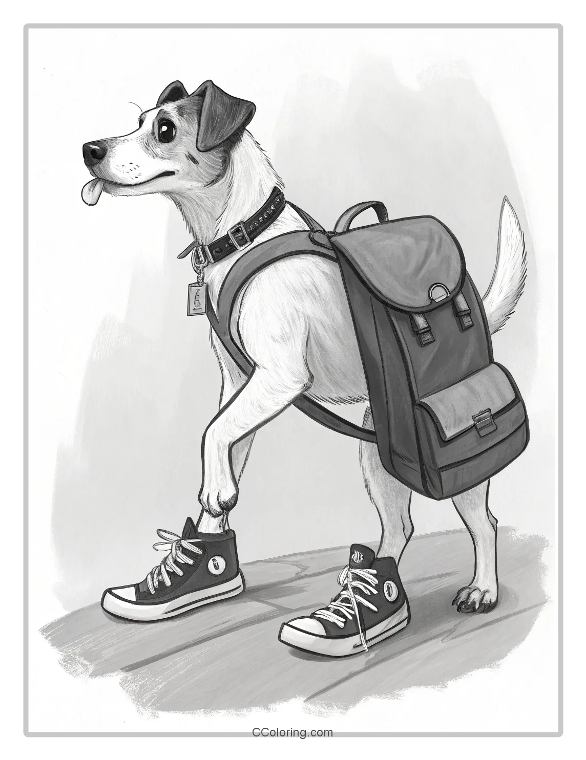 Monochrome Dog Pages Dog with a Backpack and Sneakers