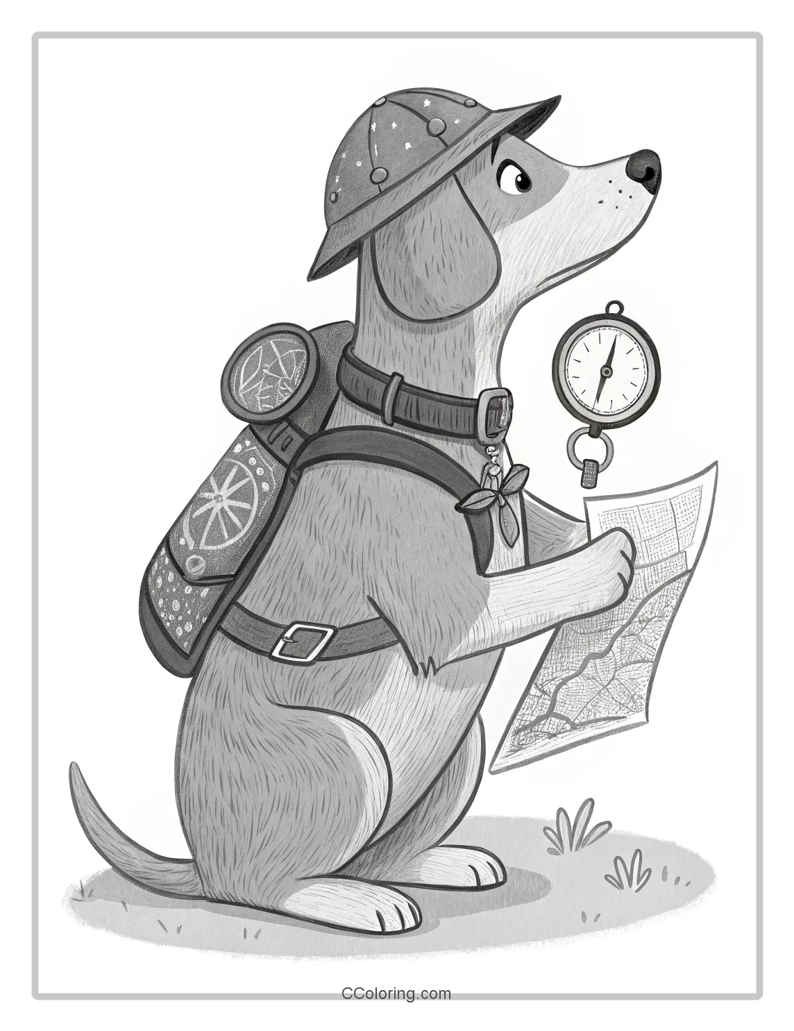 Monochrome Dog Pages Dog with a Compass and Map