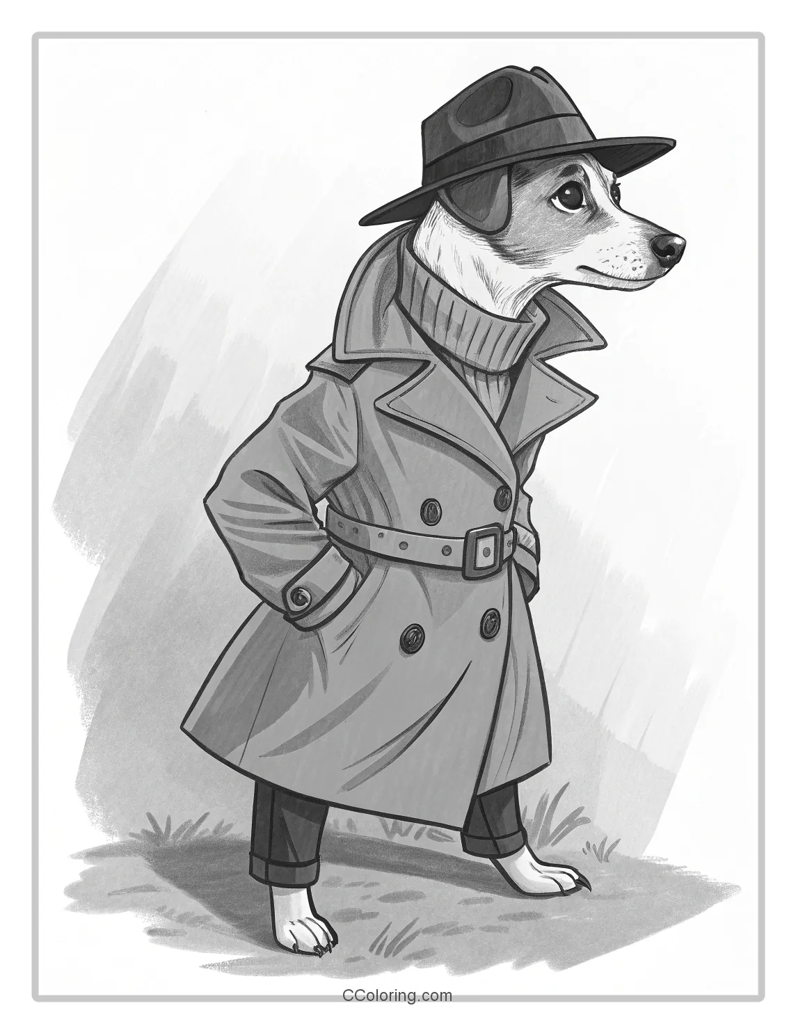 Monochrome Dog Scenes Dog with a Fedora and Trench Coat