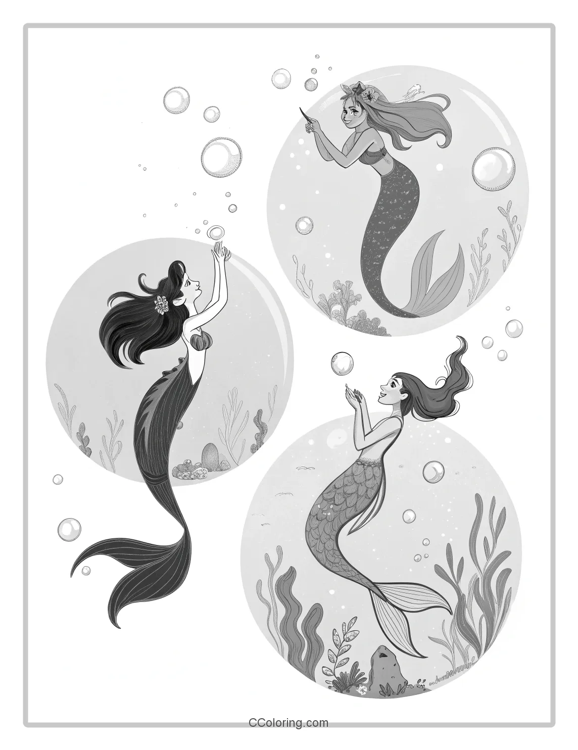 Monochrome Mermaid Scenes with Basic Bubble Borders