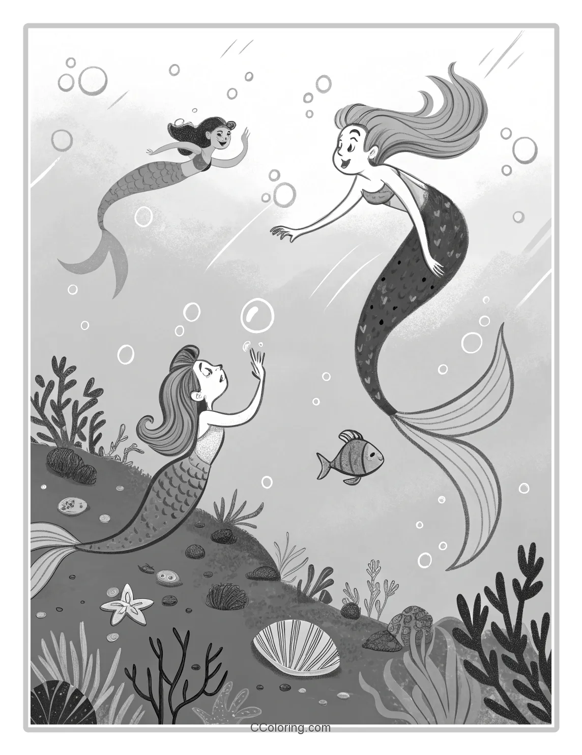 Monochrome Mermaid Scenes with Basic Bubble Patterns