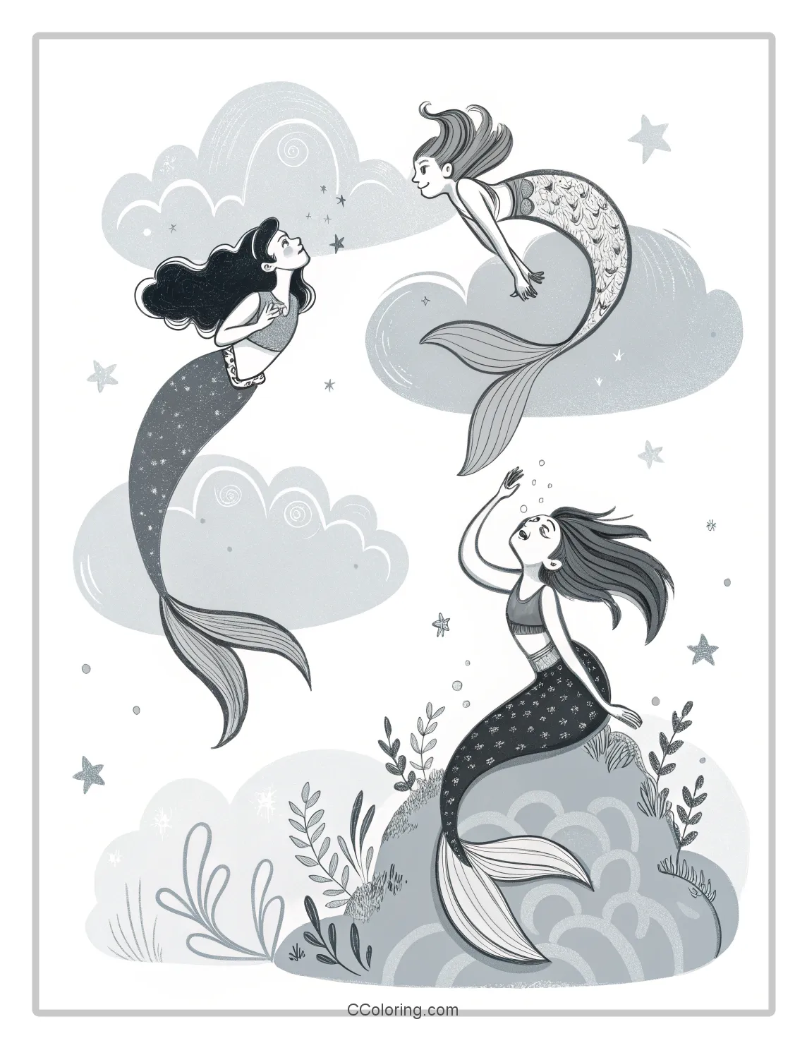 Monochrome Mermaid Scenes with Basic Cloud Backgrounds
