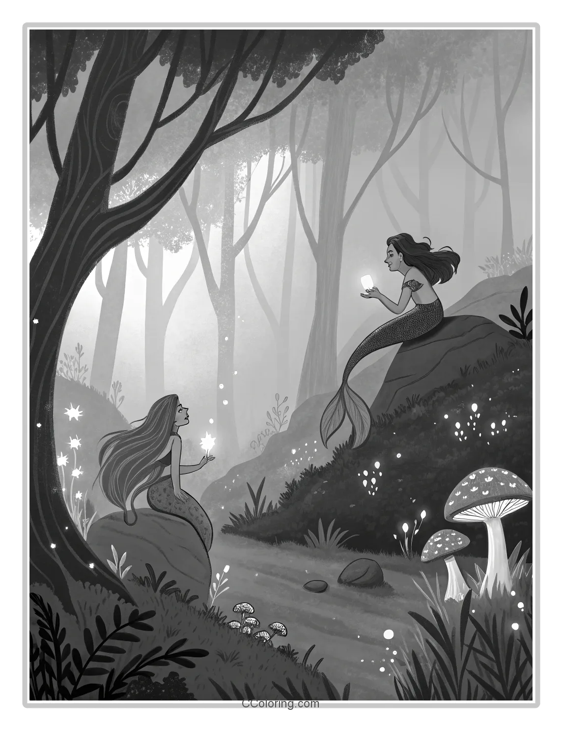 Monochrome Mermaid Scenes with Basic Enchanted Forests