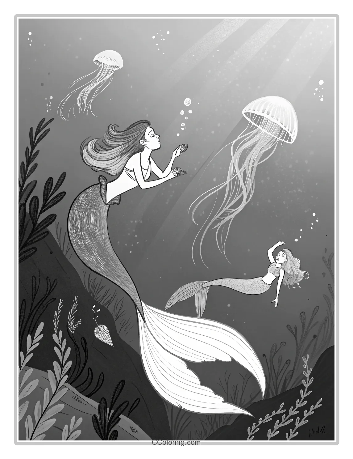 Monochrome Mermaid Scenes with Basic Jellyfish
