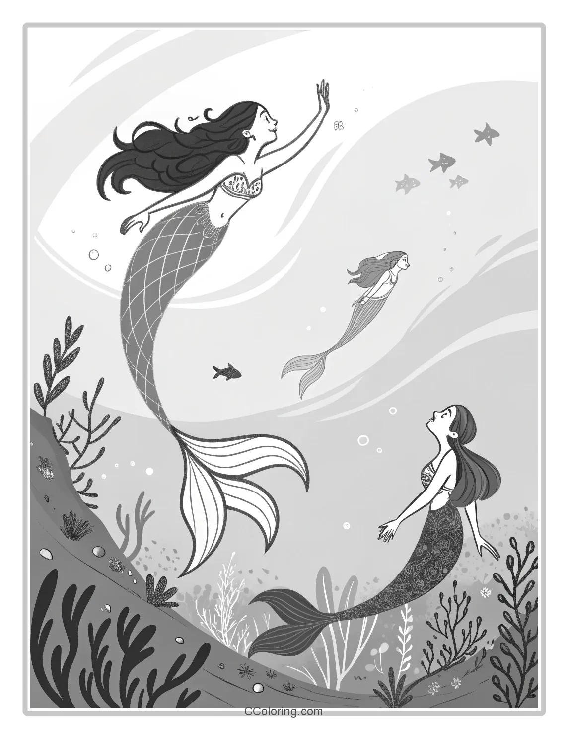 Monochrome Mermaid Scenes with Basic Ocean Backgrounds