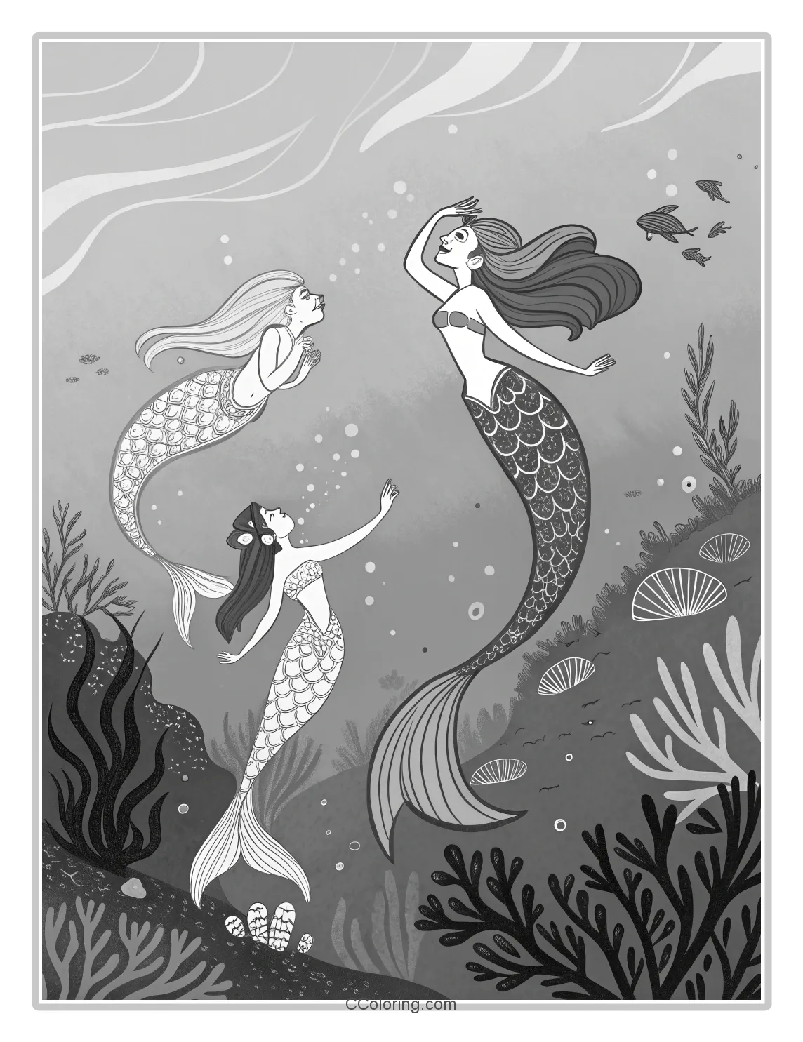Monochrome Mermaid Scenes with Basic Seashell Patterns