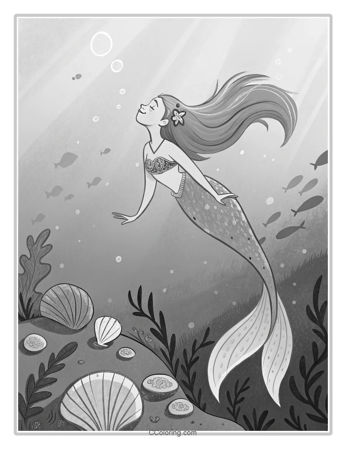 Monochrome Mermaid Scenes with Basic Seashells