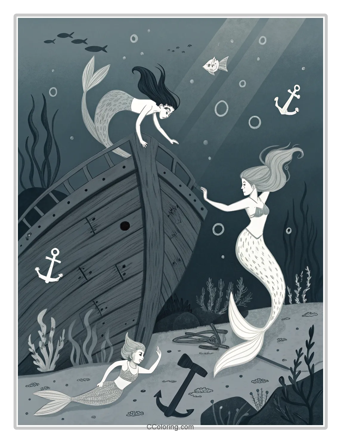 Monochrome Mermaid Scenes with Basic Shipwreck Elements
