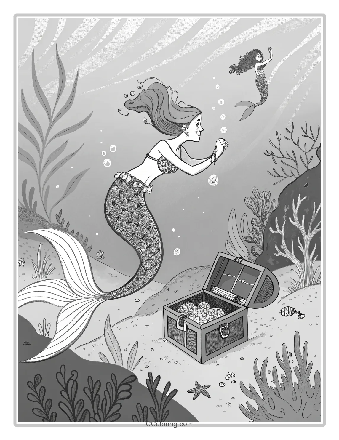 Monochrome Mermaid Scenes with Basic Treasure Boxes