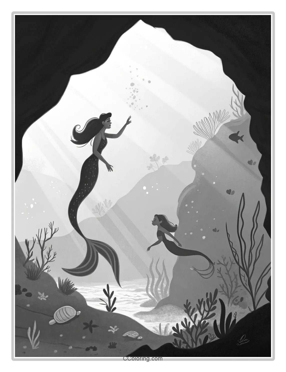 Monochrome Mermaid Scenes with Basic Underwater Caves