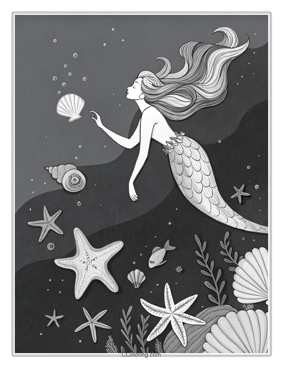 Monochrome Mermaid Scenes with Seashells and Starfish