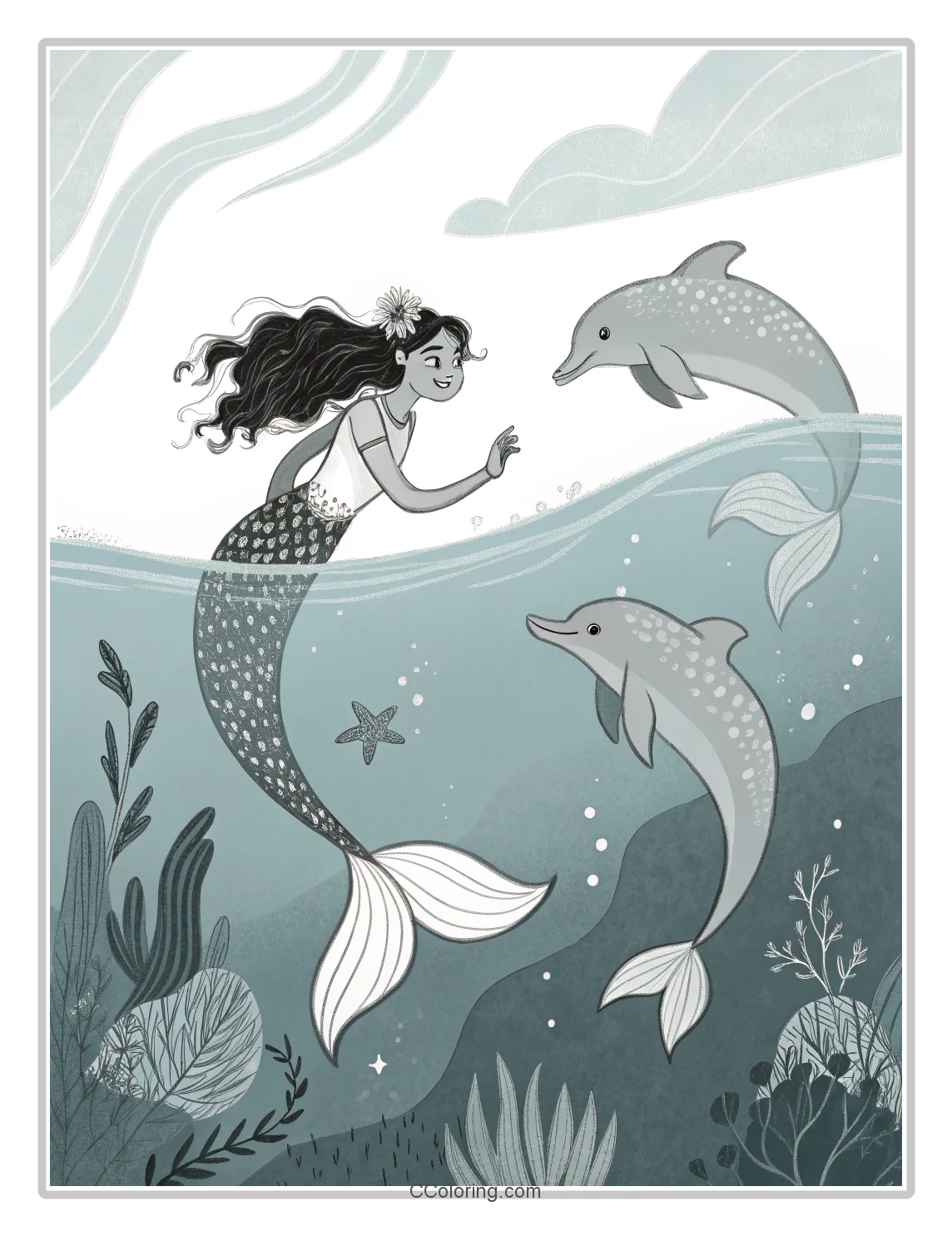 Monochrome Mermaid Scenes with Simple Dolphin Friends