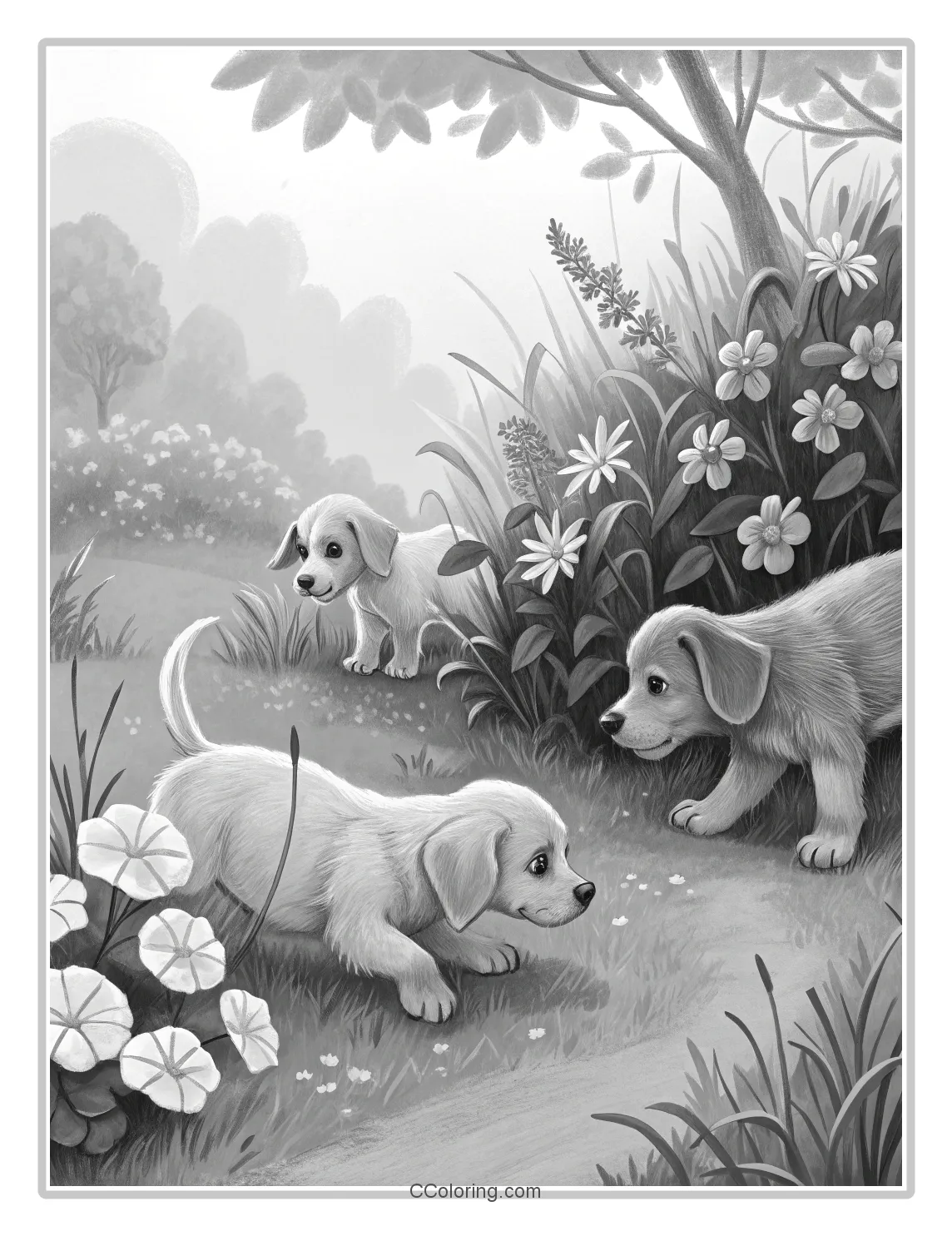 Puppies coloring pages Pages Puppies Exploring a Garden