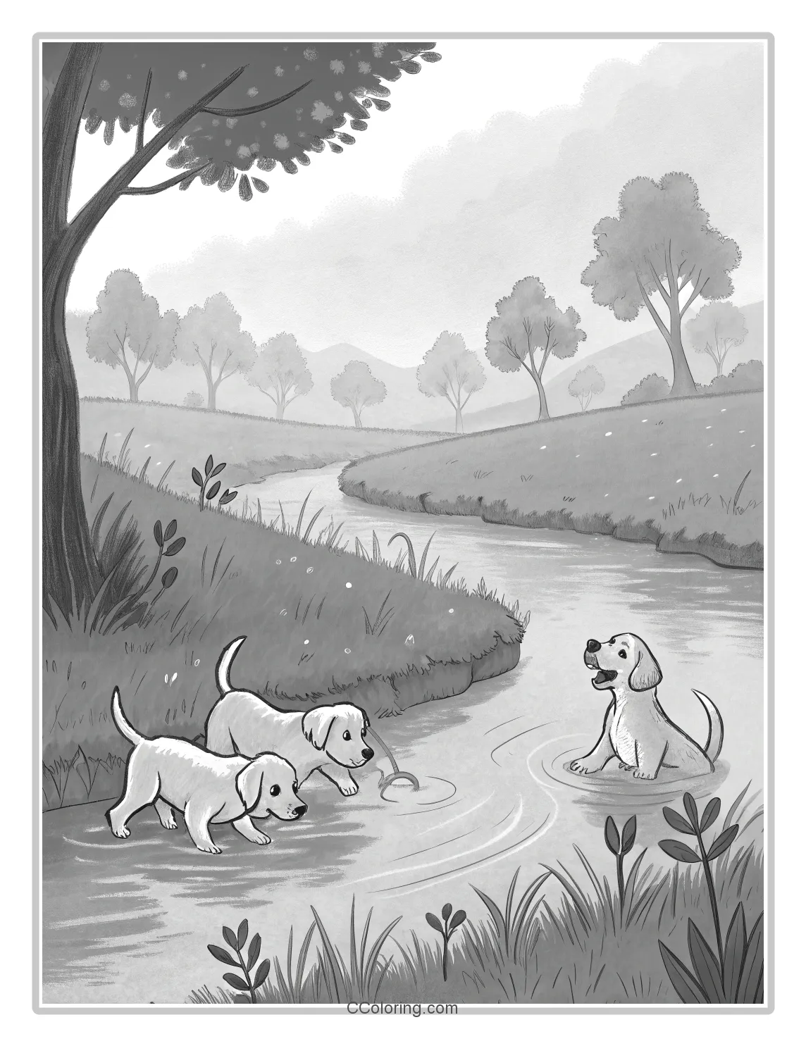 Puppies coloring pages Pages Puppies Playing by a Stream