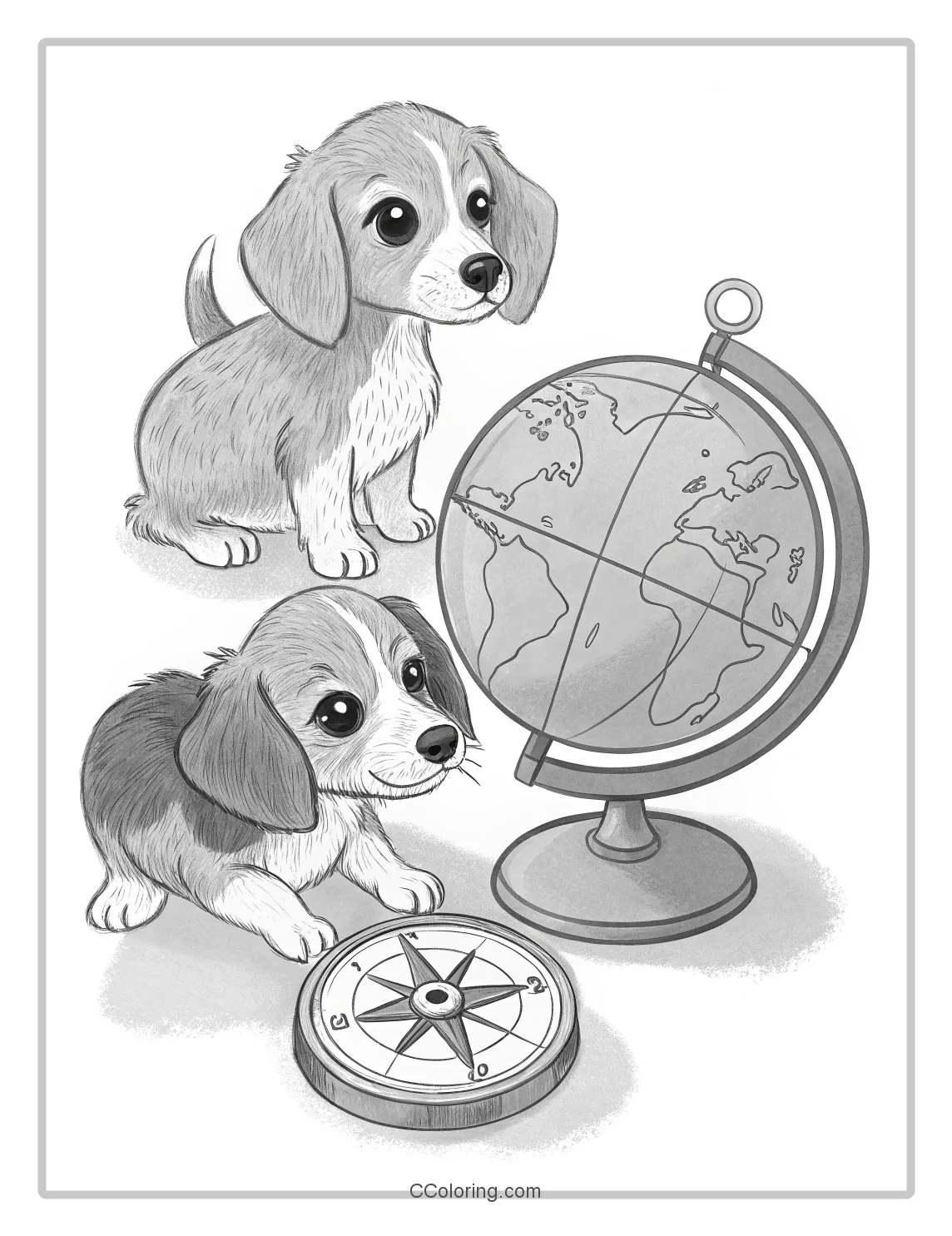 Puppies coloring pages Pages Puppies with a Globe and Compass