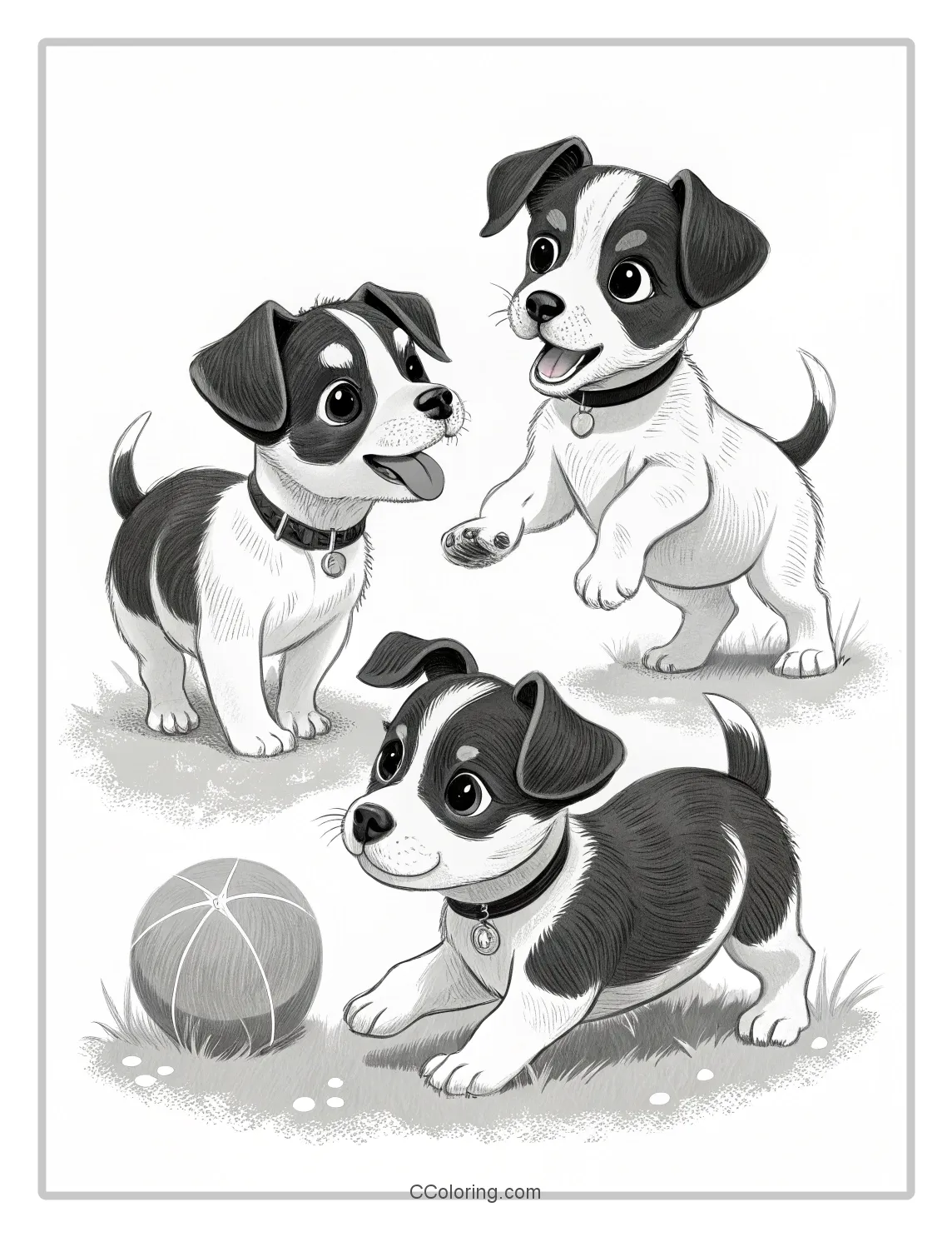 Puppies coloring pages Scenes Multiple Puppies with Retro Inspired Poses