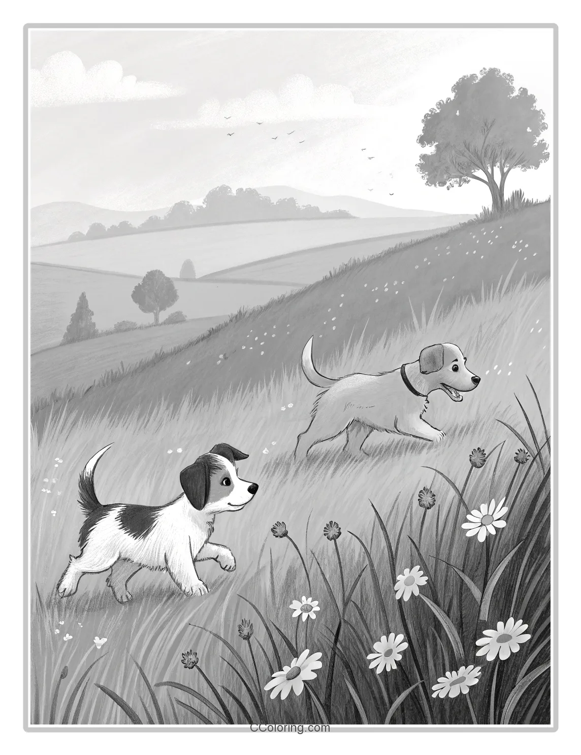 Puppies coloring pages Scenes Puppies Exploring a Meadow
