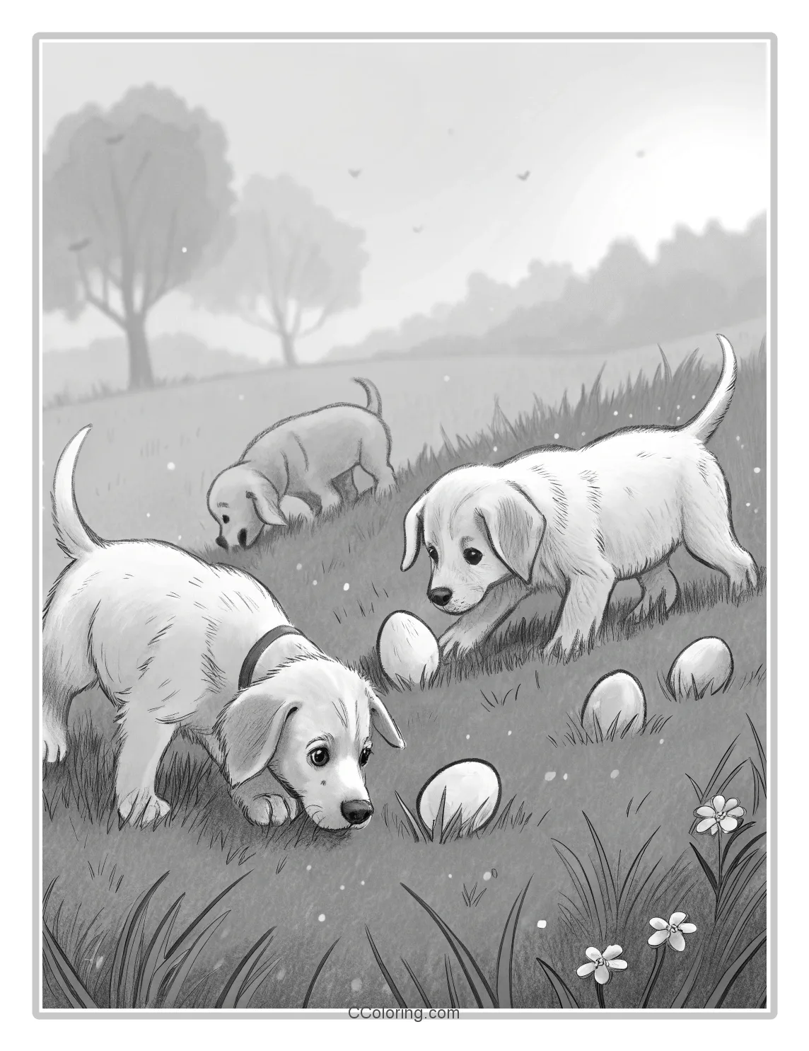 Puppies coloring pages Scenes Puppies Hunting for Easter Eggs