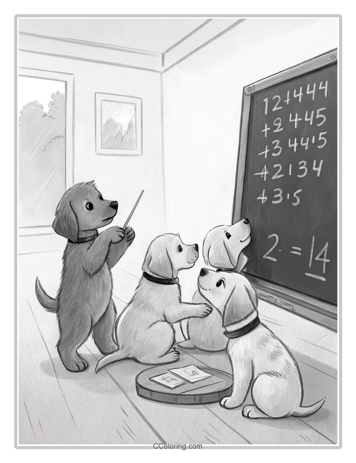 Puppies coloring pages Scenes Puppies Solving Math Problems