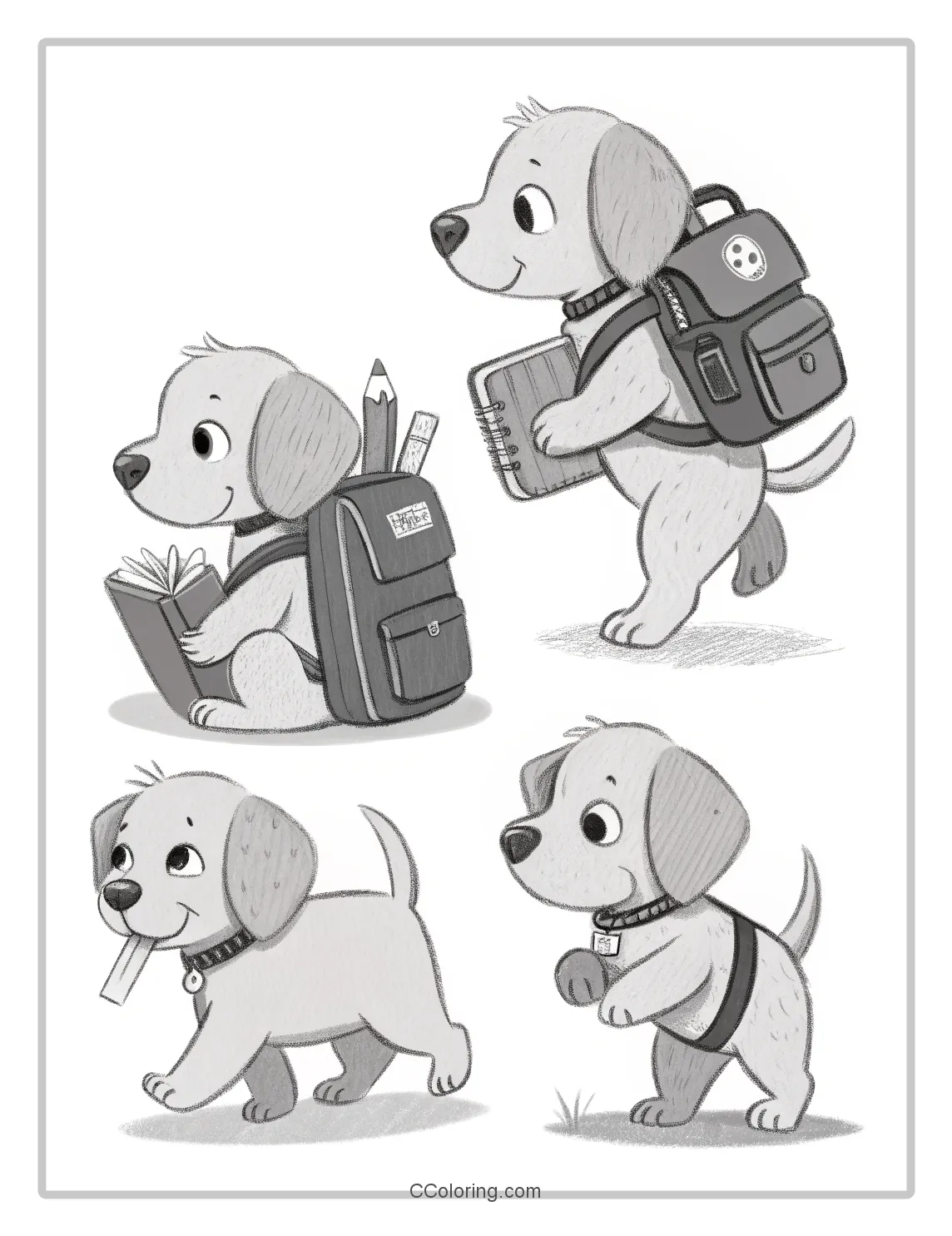 Puppies coloring pages Puppies with Backpacks and School Supplies