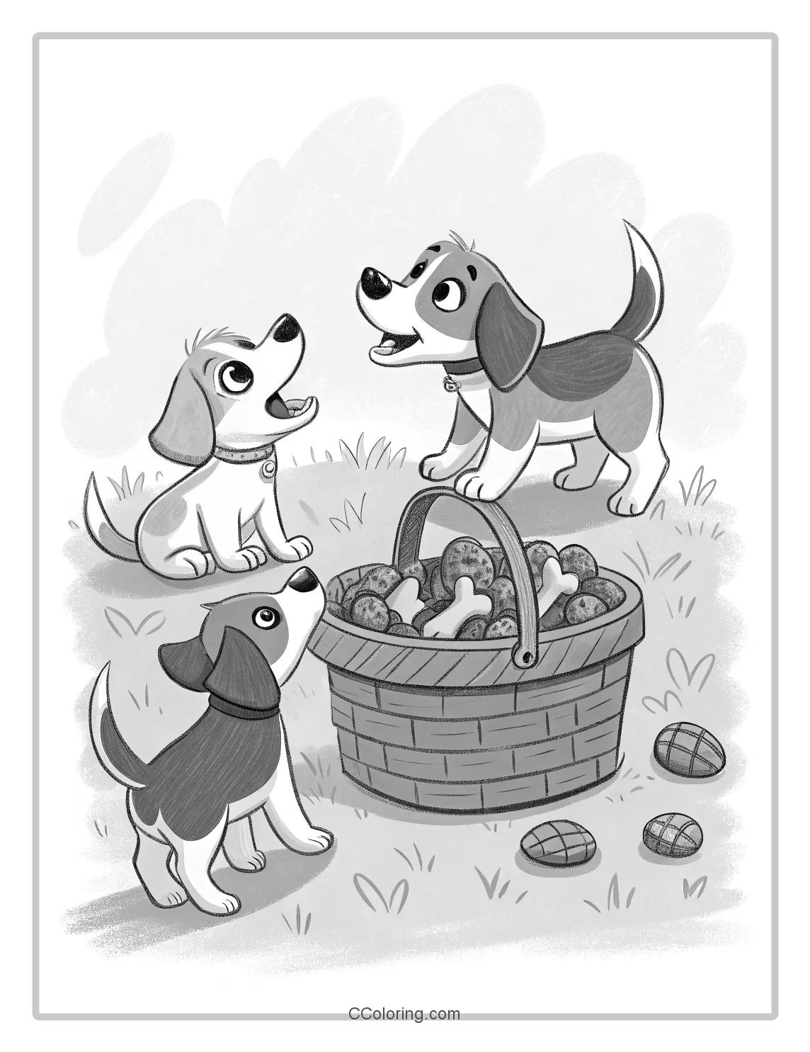 Puppies coloring pages Puppies with a Basket of Treats