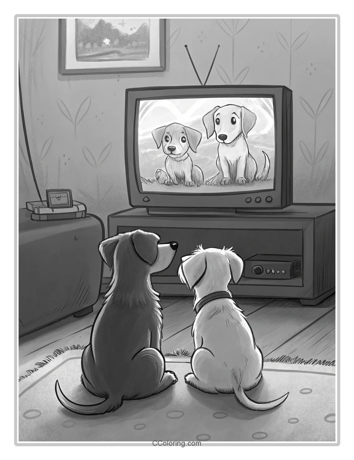 Monochrome Puppy Scenes Adorable Puppies Watching TV with Big Eyes