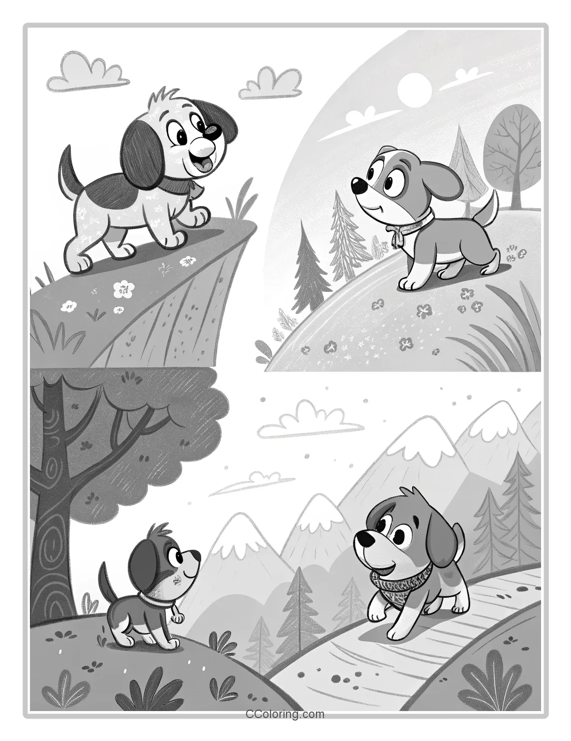 Monochrome Puppy Scenes Classic Characters with Adventure Ready Scenes