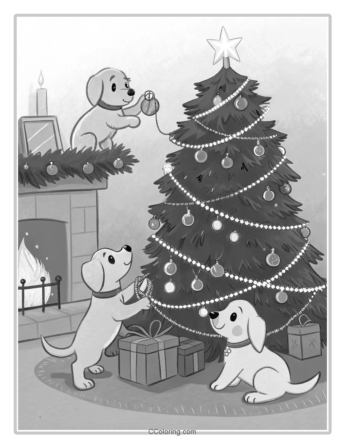 Monochrome Puppy Scenes Puppies Decorating a Christmas Tree