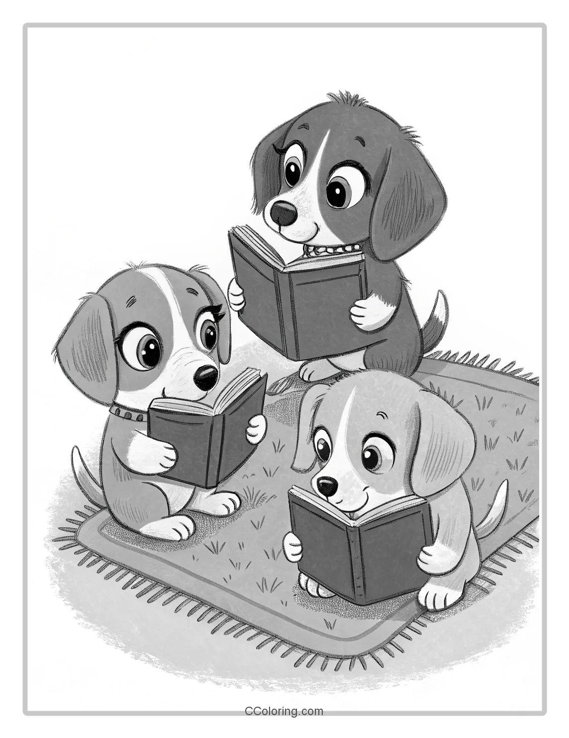 Monochrome Puppy Scenes Puppies Reading Books with Big Eyes