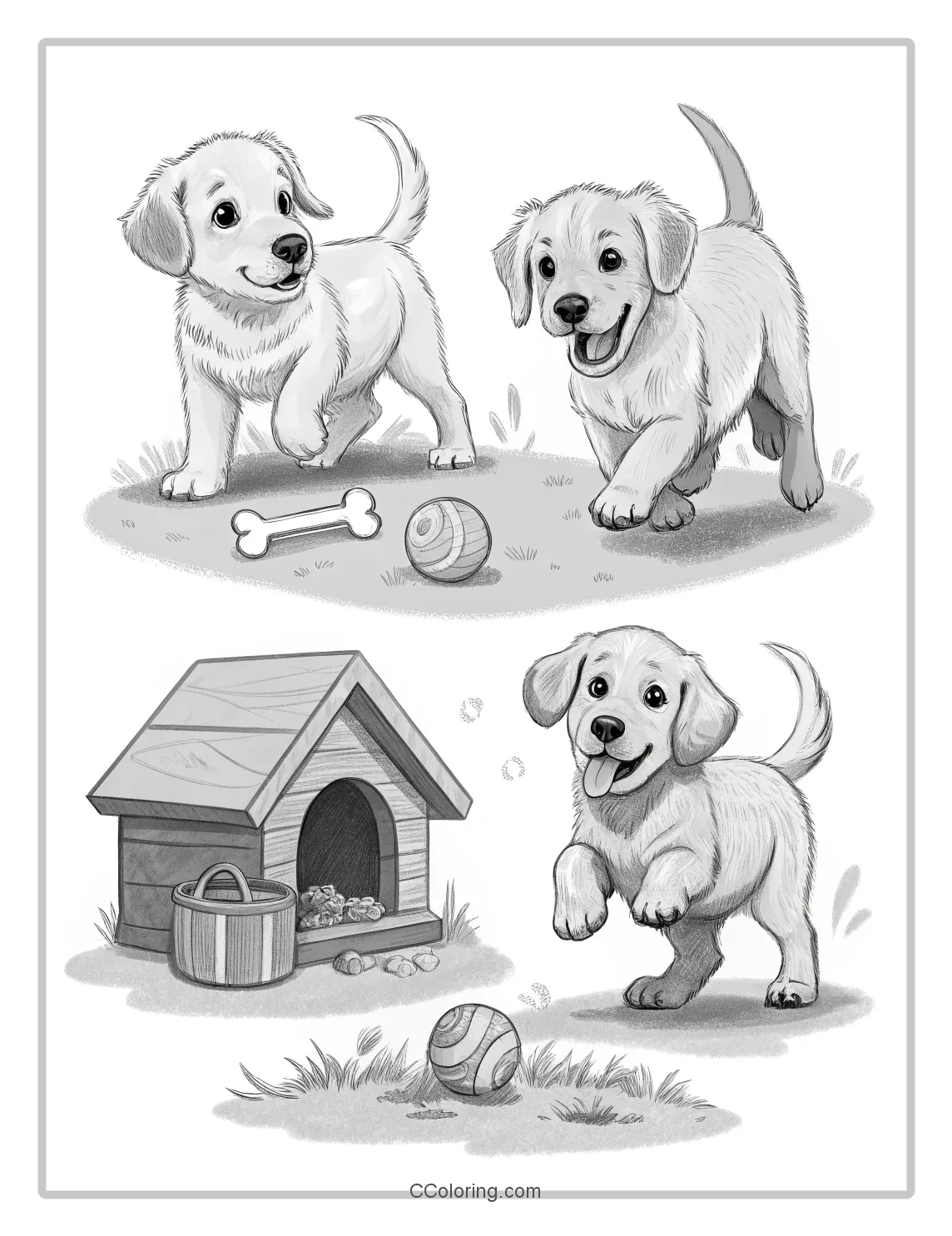Monochrome Puppy Scenes Simple  High Energy Poses with Classic Elements