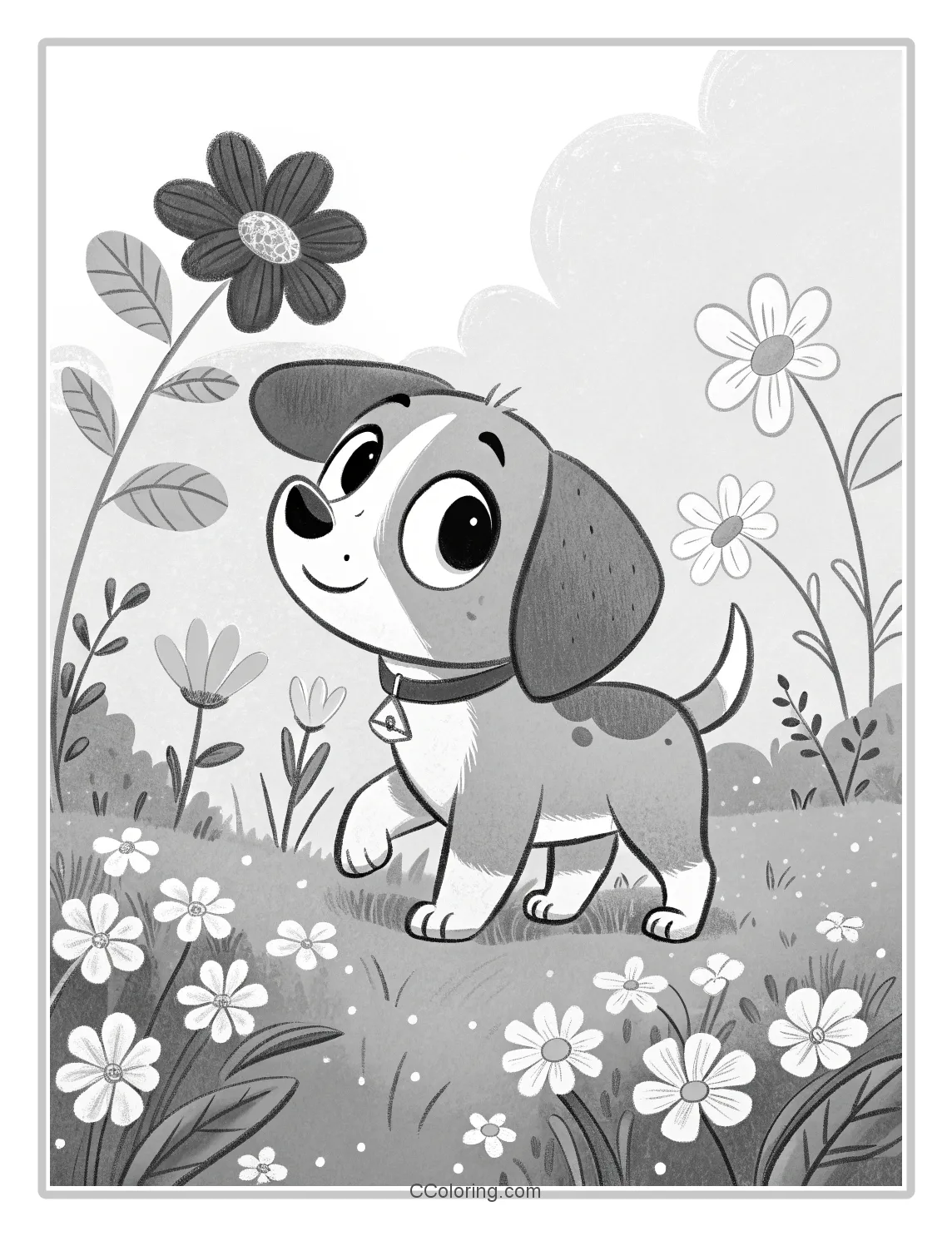 Monochrome Puppy in a Flower Garden Big Eyes