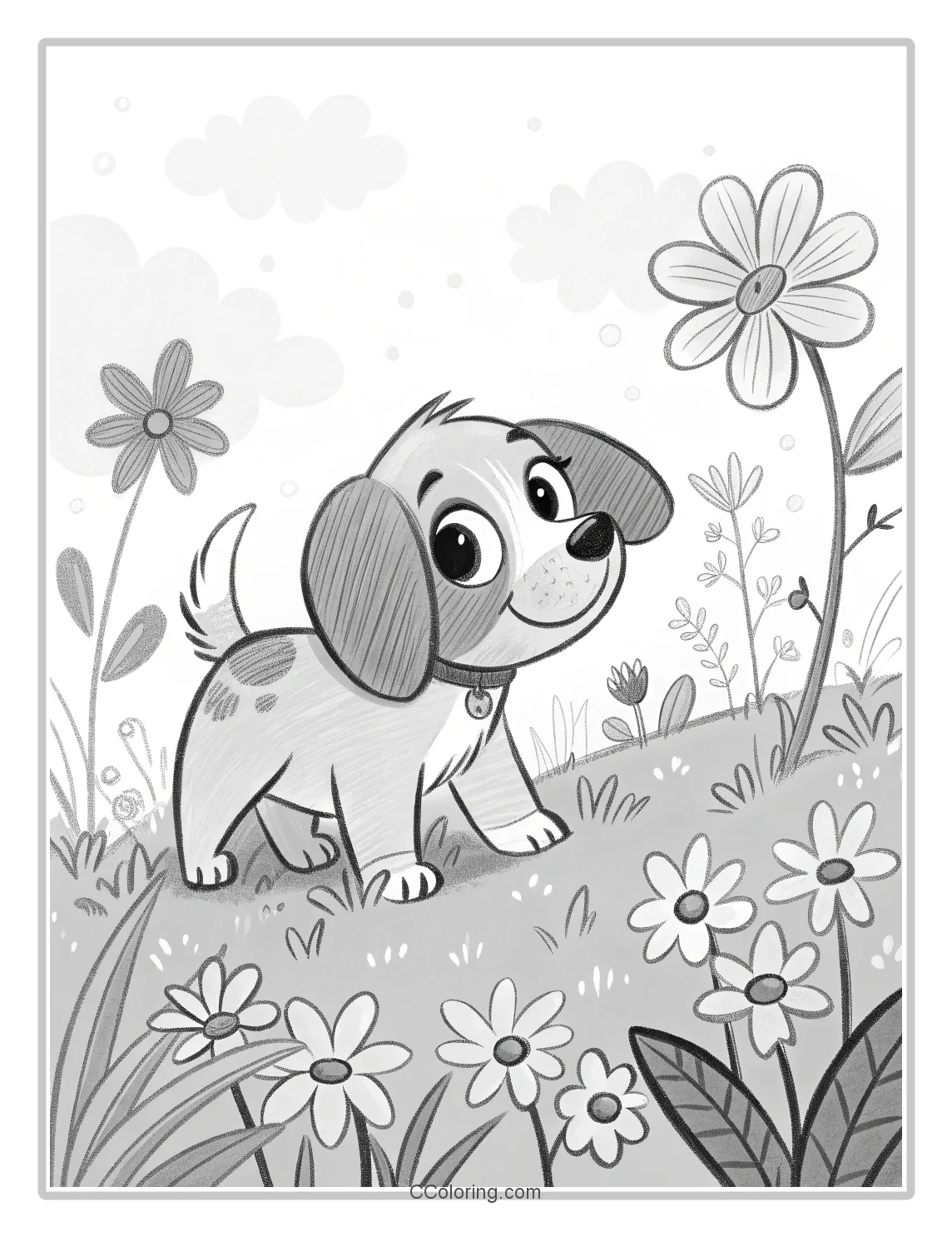 Monochrome Puppy in a Flower Garden