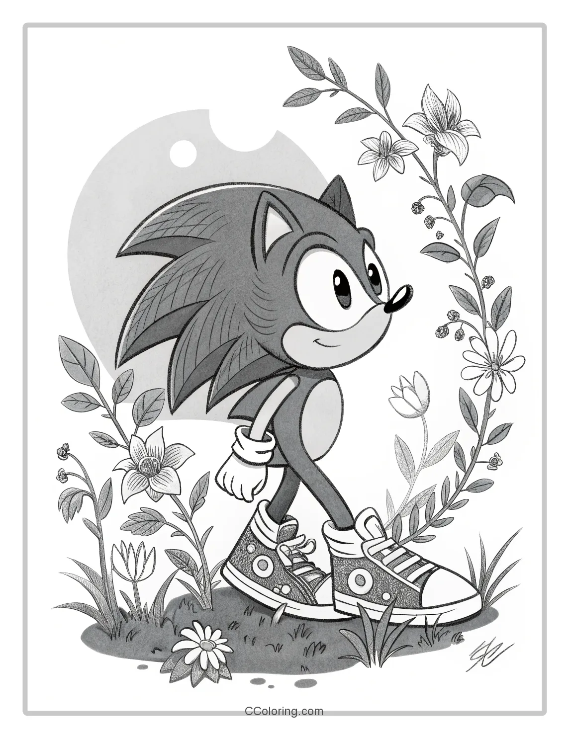 Monochrome Sonic Pages Classic Character with Botanical Elements