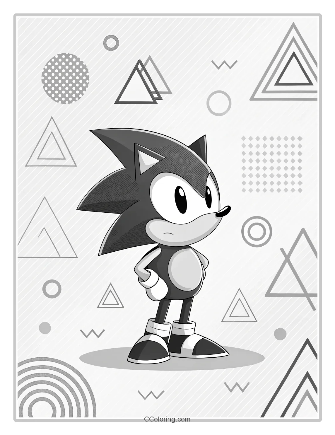 Monochrome Sonic Scenes Classic Character with Geometric Shapes