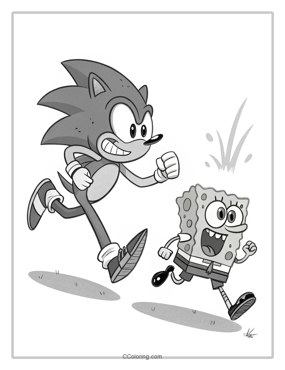 Monochrome Sonic and SpongeBob Scenes Simple  High Energy Poses with Classic Elements