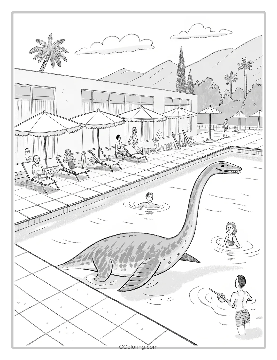 Plesiosaurus swimming in a modern swimming pool