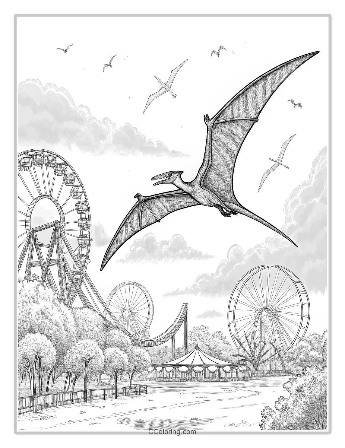 Pteranodon flying over a modern amusement park
